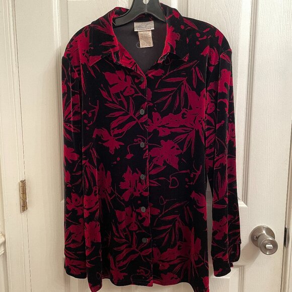 Vintage Kathie Lee Collection Burgundy & Black Button-Down Velour Blouse Small - Picture 1 of 4